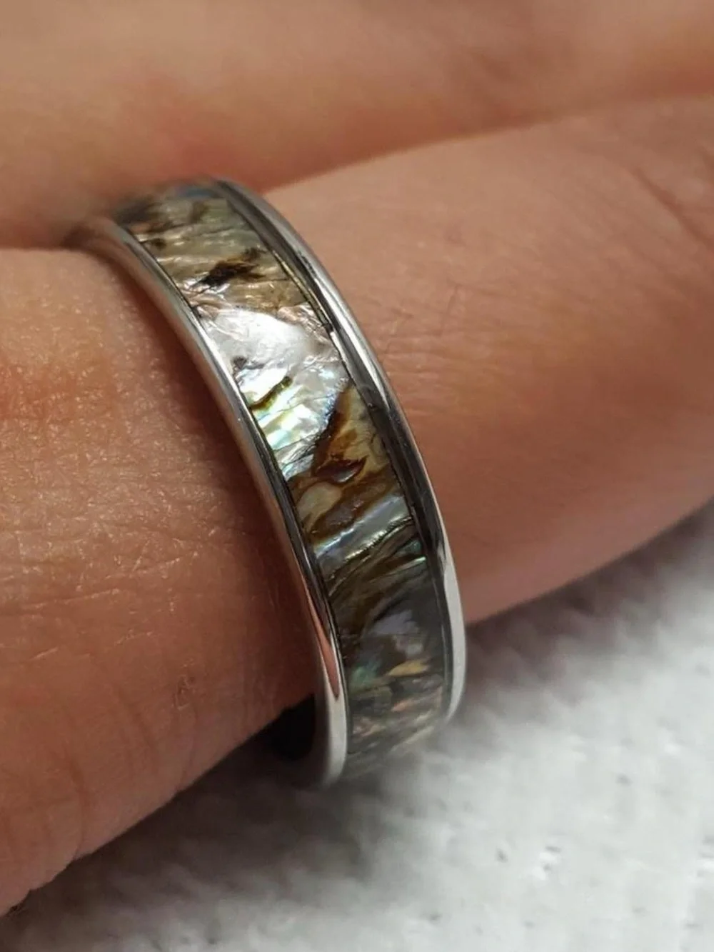 Silver Abalone Inlay Women's Band - Iridescent Green